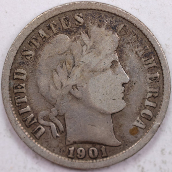 1901 Barber Silver Dime, Fine Circulated Coin, Store #d901.05