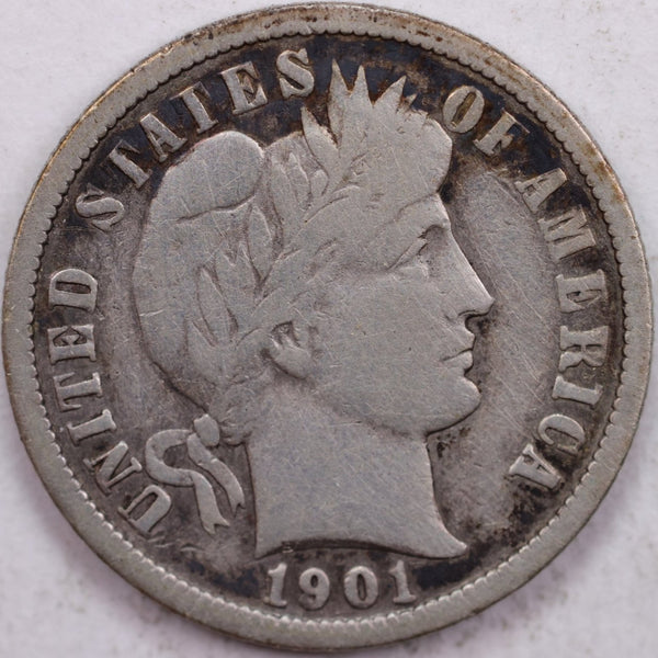 1901-O Barber Silver Dime, FIne Circulated Coin, Store #d901N03