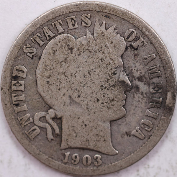 1903-O Barber Silver Dime, Very Good Circulated Coin, Store #d903N04