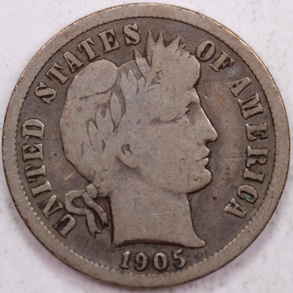 1905-O Barber Silver Dime, Very Good Circulated Coin, Store #d905N02