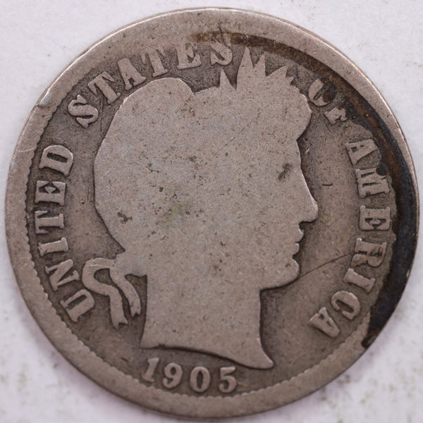 1905-S Barber Silver Dime, Good Circulated Coin, Store #d905S02