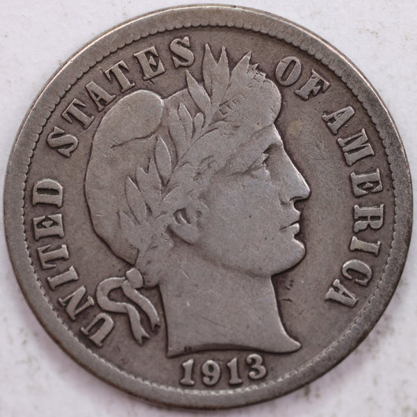 1913 Barber Silver Dime, Fine Circulated Coin, Store #d913.13