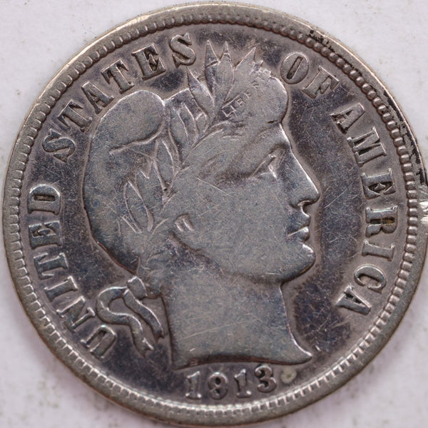 1913 Barber Silver Dime, Very Fine Circulated Coin, Store #d913.14