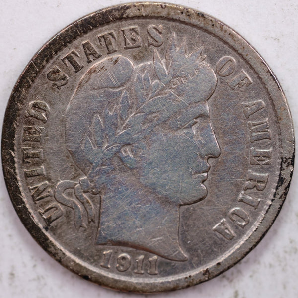 1911 Barber Silver Dime, Very Fine Circulated Coin, Store #DBA002