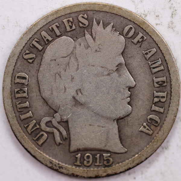 1915-S Barber Silver Dime, Very Good Circulated Coin, Store #DE0001