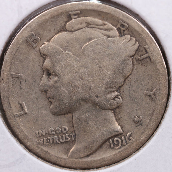 1916 Mercury Silver Dime, Fine Circulated Coin, Store #DE0004