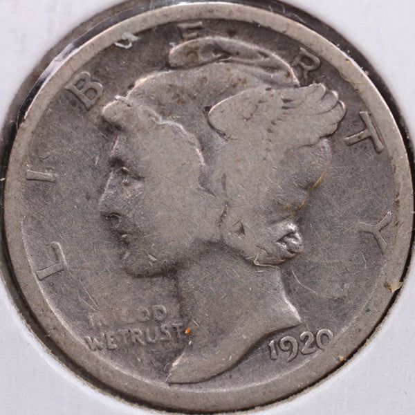 1920 Mercury Silver Dime, Very Good Circulated Coin, Store #DE0016