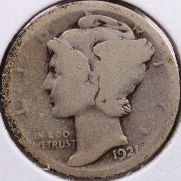 1921 Mercury Silver Dime, Very Good Circulated Coin, Store #DE0018