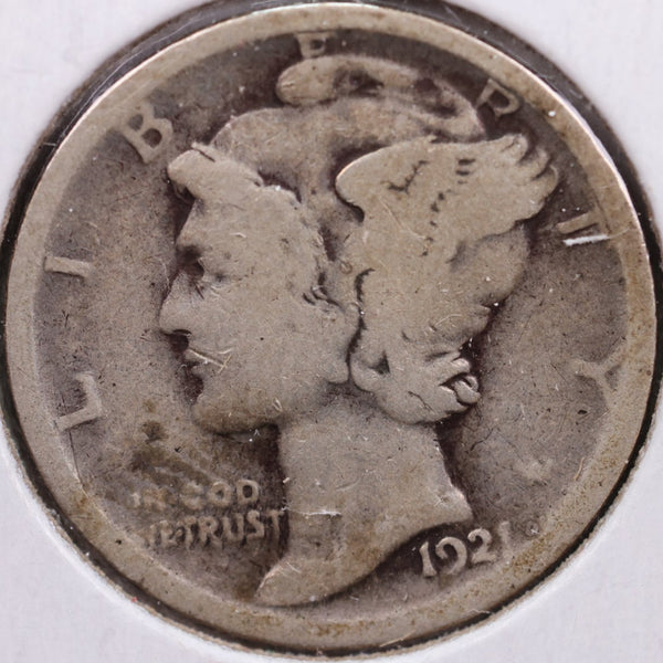 1921 Mercury Silver Dime, Very Good+ Circulated Coin, Store #DE0023