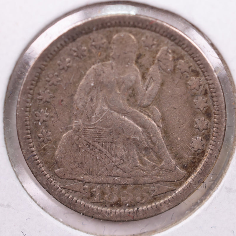 1855 Seated Liberty Silver Dime., A.U., Details., Store Sale