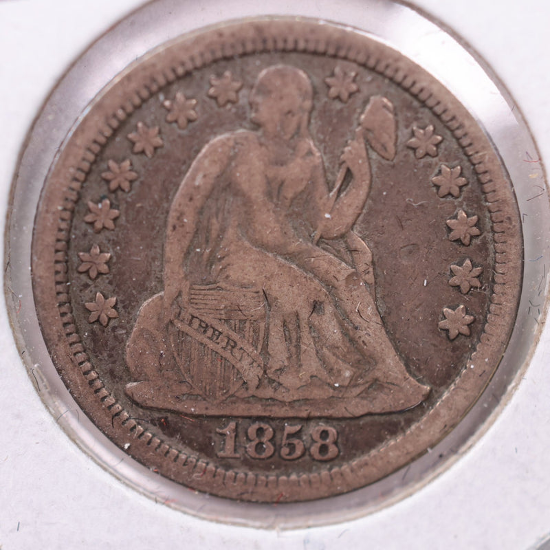 1858 Seated Liberty Silver Dime., Fine +., Store Sale