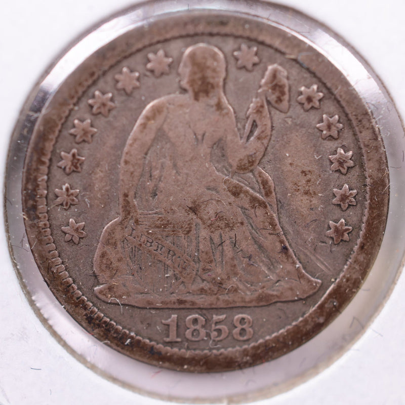 1858 Seated Liberty Silver Dime., Fine., Store Sale