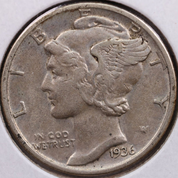 1936 Mercury Silver Dime, Very Fine Circulated Coin, Store #DE0064