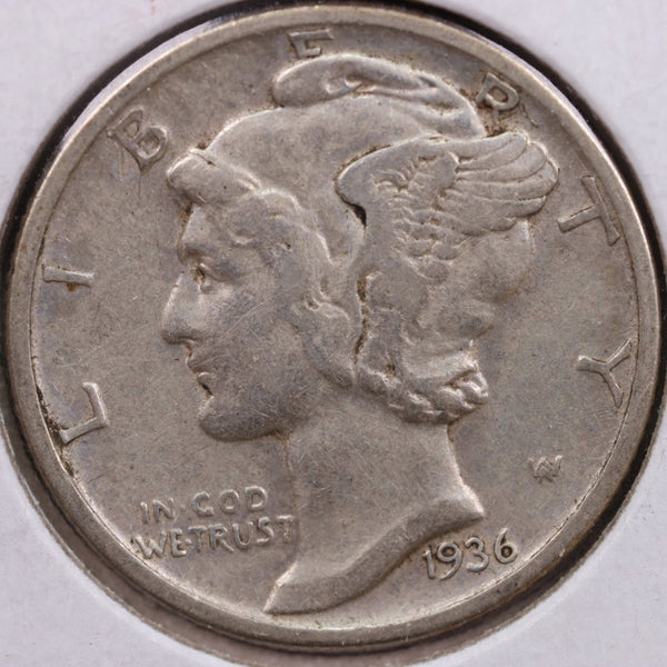 1936 Mercury Silver Dime, Very Fine+ Circulated Coin, Store #DE0067