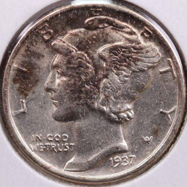 1937 Mercury Silver Dime, Mint State Uncirculated Coin, Store #DE0069