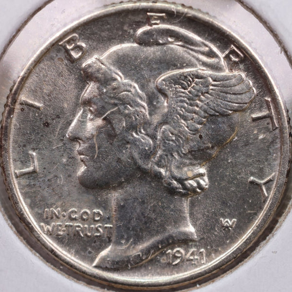 1941 Mercury Silver Dime, Mint State Uncirculated Coin, Store #DE0074