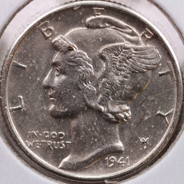 1941 Mercury Silver Dime, Mint State Uncirculated Coin, Store #DE0075