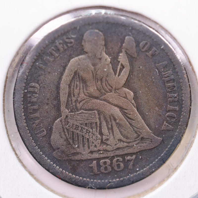 1867-S Seated Liberty Silver Dime., V.F +., Store Sale