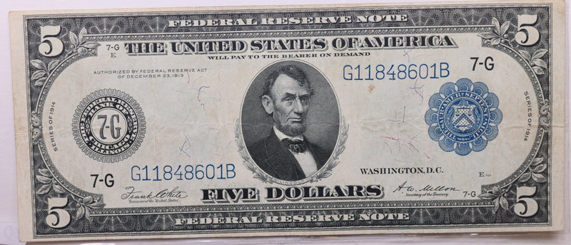 1914 $5 Federal Reserve Note., Large Size, Very Fine +., Store