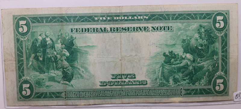 1914 $5 Federal Reserve Note., Large Size, Very Fine +., Store