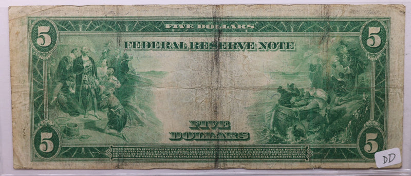 1914 $5 Federal Reserve Note., Large Size, Fine., Store