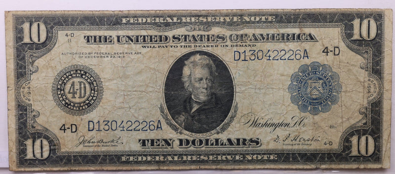 1914 $10 Federal Reserve Note., Large Size, Very Fine., Store