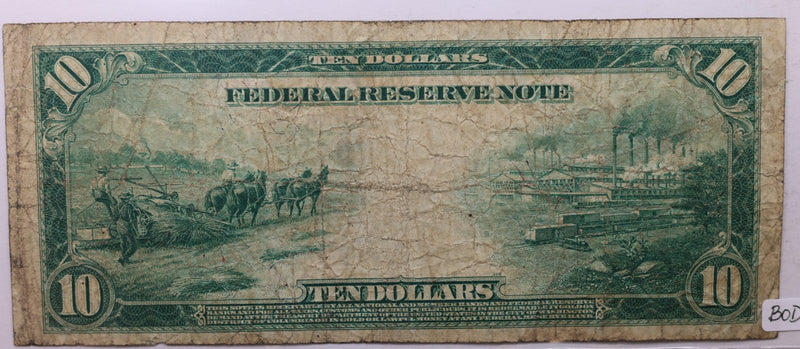 1914 $10 Federal Reserve Note., Large Size, Very Fine., Store