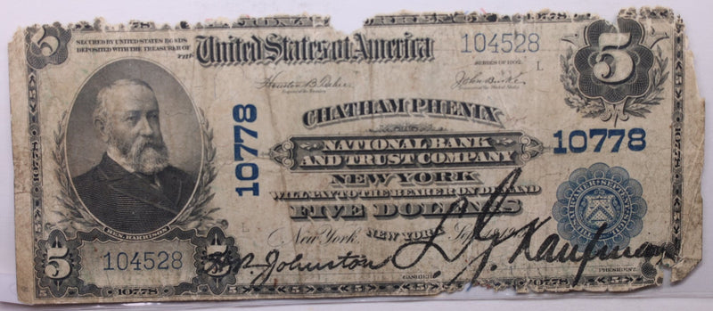 1902 $5, National Bank, CHATHAM PHENIX, NY.,  10778., Circulated., Store