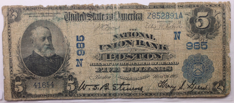 1902 $5, National Bank, Boston, MA., #985., Circulated., Store #LNB002