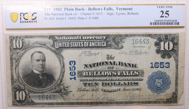 1902 $10 National., BELLOWS FALLS, VE., #1653., Store #LGNB002