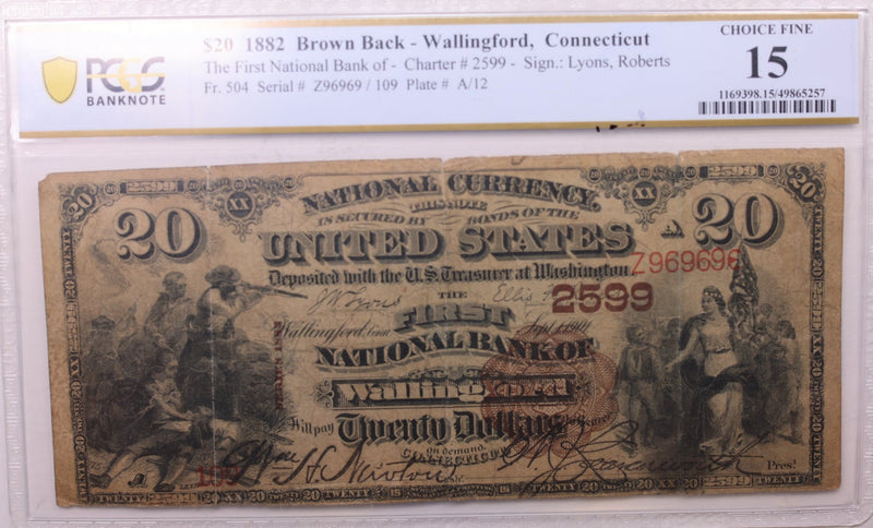 1882 $20, National., WALLINGFORD, CT., #2599., PCGS F-15., Store #LGNB005