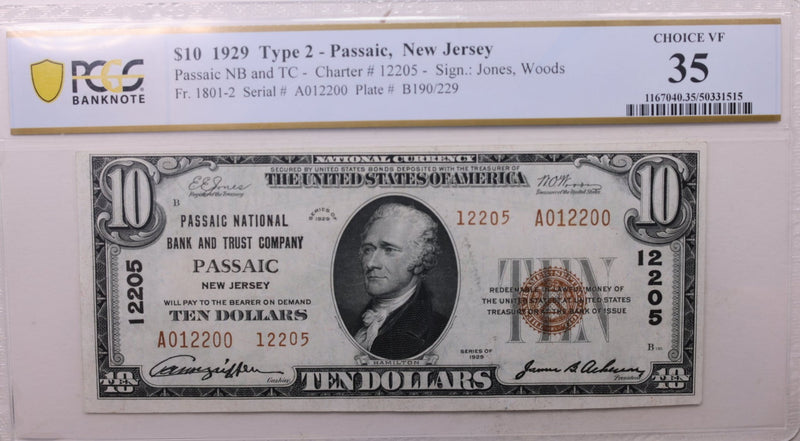 1929 $10, National., PASSAIC, NJ., #12205., PCGS VF-35., Store #SGNB003