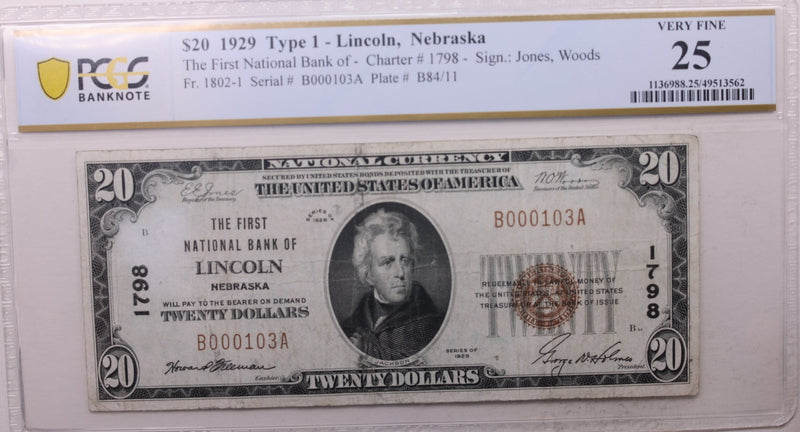 1929 $20, National., LINCOLN, Nebraska., #1798., PCGS VF-25., Store #SGNB005