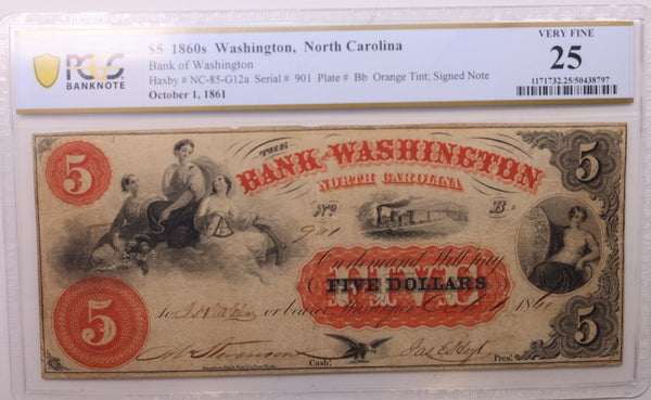 1861 $5 Bank of Washington, N.C., Obsolete., PCGS VF-25., Store #GNC001