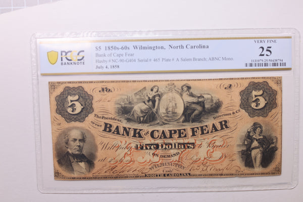 1858 $5 Bank of Cape Fear., Obsolete., PCGS VF-25., Store #GNC004