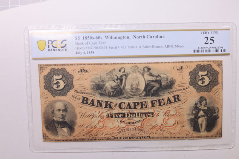 1858 $5 Bank of Cape Fear., Obsolete., PCGS VF-25., Store