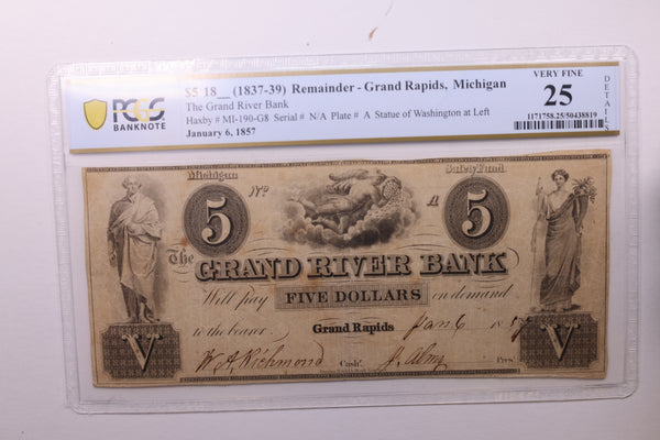 1857 $5, Grand River Bank., Grand Rapids, MI., Obsolete., PCGS VF-25., Store #GMI001