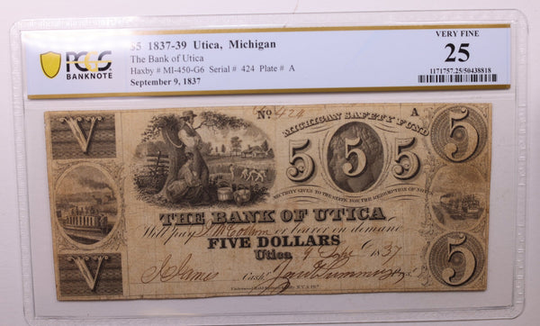 1837 $5, Bank of UTICA, MI., Obsolete., PCGS VF-25., Store #GMI002