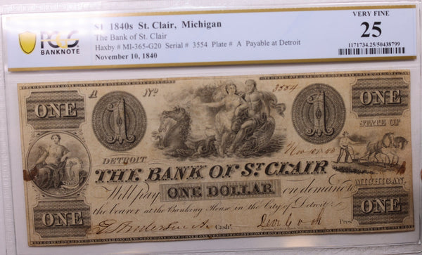 1840 $1., Bank of St Clair., St Clair, MI., Obsolete., PCGS VF-25., Store #GMI013