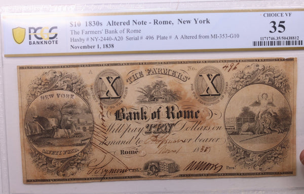 1838 $10., Bank of Rome, N.Y., Altered Mich., PCGS VF-35., STORE #GMI018