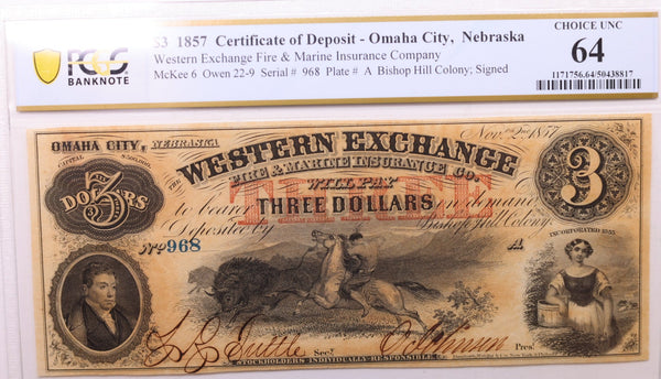 1857 $3., Western Exchange., Omaha City, Nebraska., PCGS CU-64., Store #GNE001