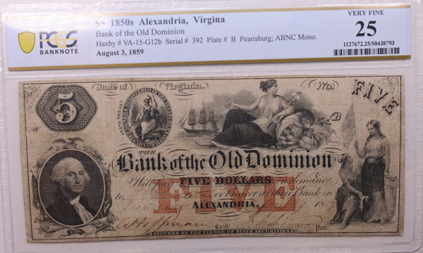 1859 $5., Bank of Old Dominion., VA., Obsolete.,  PCGS VF-25., Store #GVA001