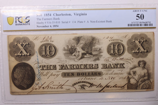 1854 $10., Farmers Bank., Charleston, VA., Obsolete.,  PCGS AU-50., Store #GVA002