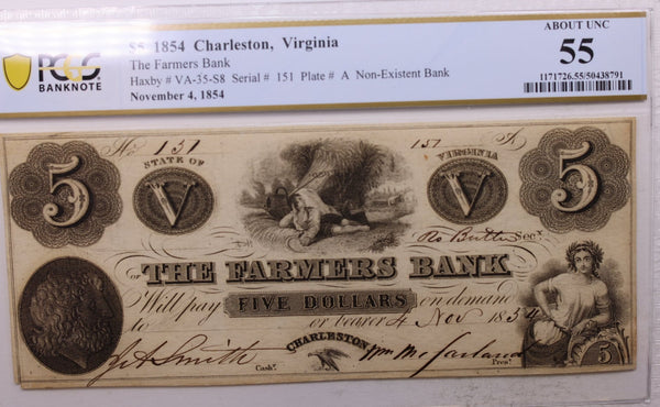 1854 $10., Farmers Bank., Charleston, VA., Obsolete.,  PCGS AU-55., Store #GVA003