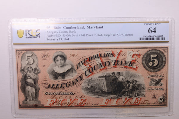 1861 $5., ALLEGANY COUNTY BANK., Cumberland, MD.,  PCGS CU-64., Store #GMD001