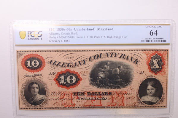 1861 $5., ALLEGANY COUNTY BANK., Cumberland, MD.,  PCGS CU-64., Store #GMD002