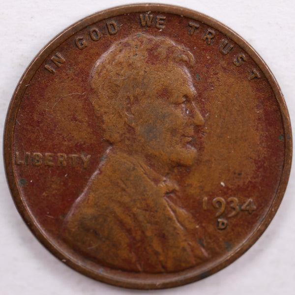 1934-D Lincoln Wheat Cent, Very Fine Circulated Coin, Store #CT0064