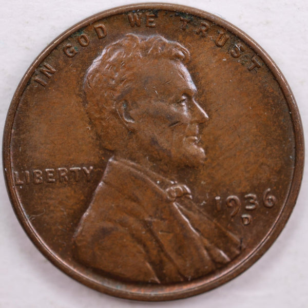 1936-D Lincoln Wheat Cent, About Uncirculated+ Coin, Store #CT0075