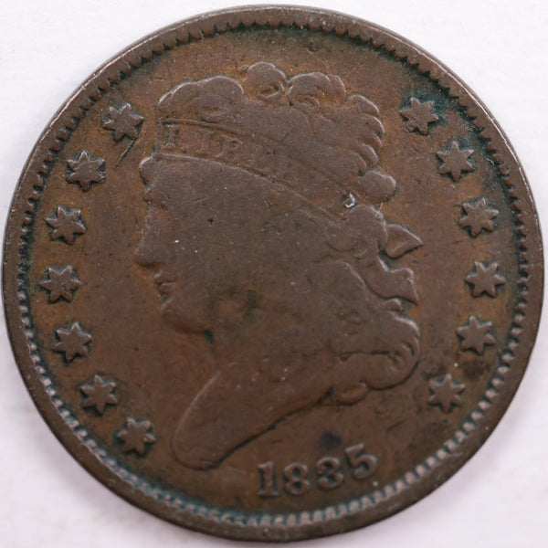 1835 Classic Head Half Cent, Very Good+ Circulated Coin, Store #HT0004