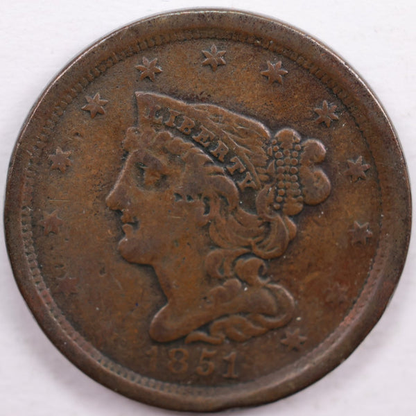 1851 Braided Hair Half Cent, Fine Circulated Coin, Store #HT0006